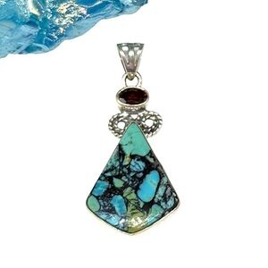 Tibetan Turquoise Garnet Necklace Pendant Solid 925 Sterling Silver